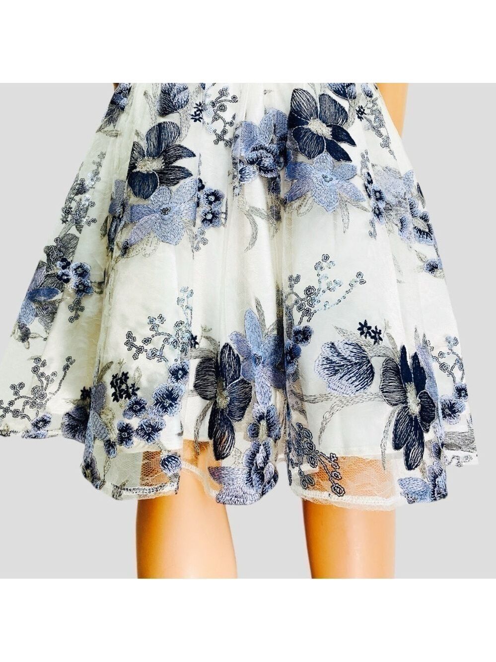 Tahari ASL‎ Embroidered Mesh Dress 8 Blue Silver Fairy Garden Prom Y2K Revival - Picture 6 of 12